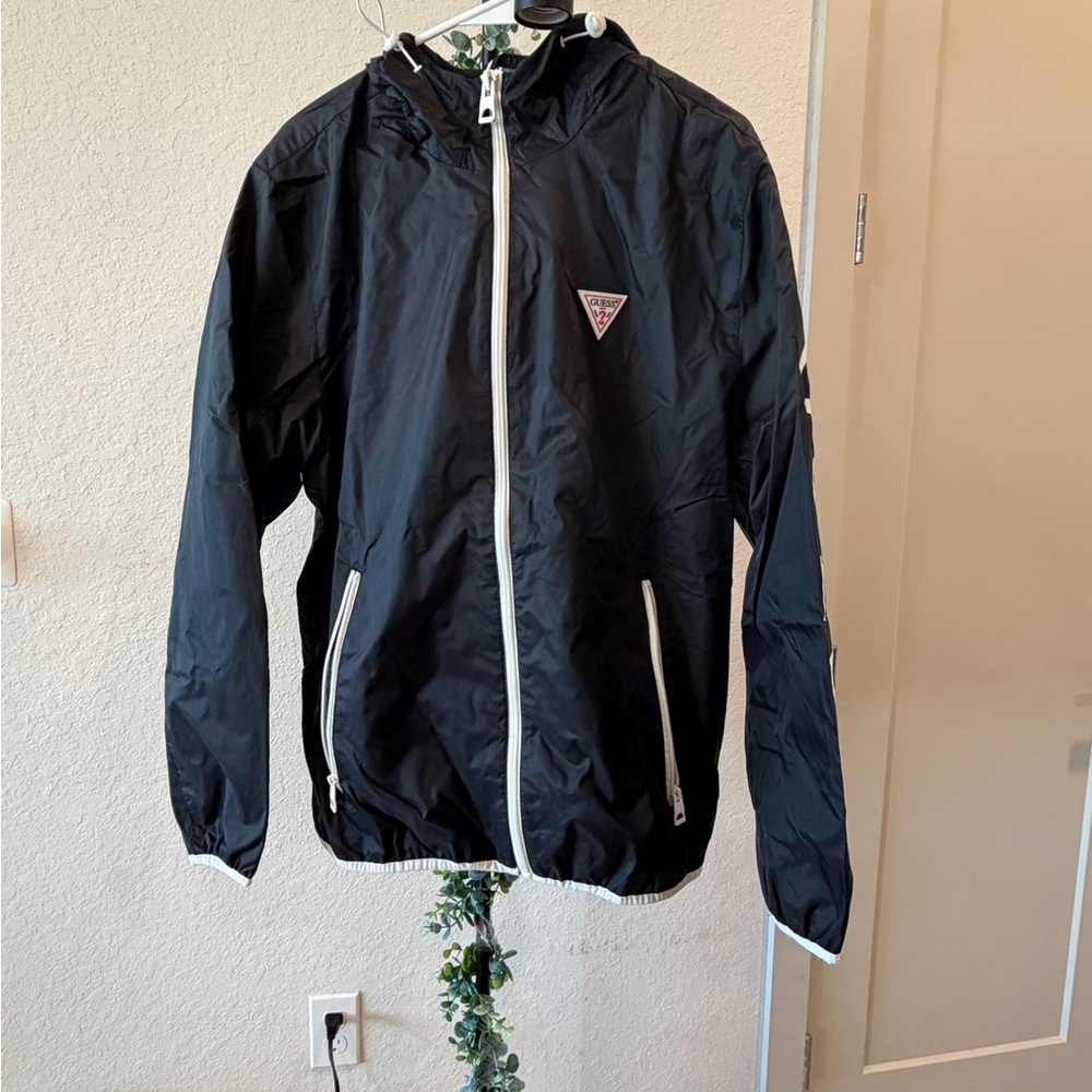 Guess Black Windbreaker Jacket with White Accents